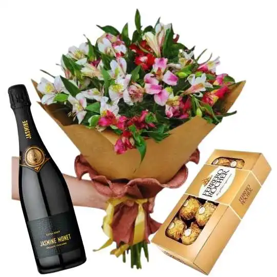 Ramo de flores astromelias con rocher x8 y espumante